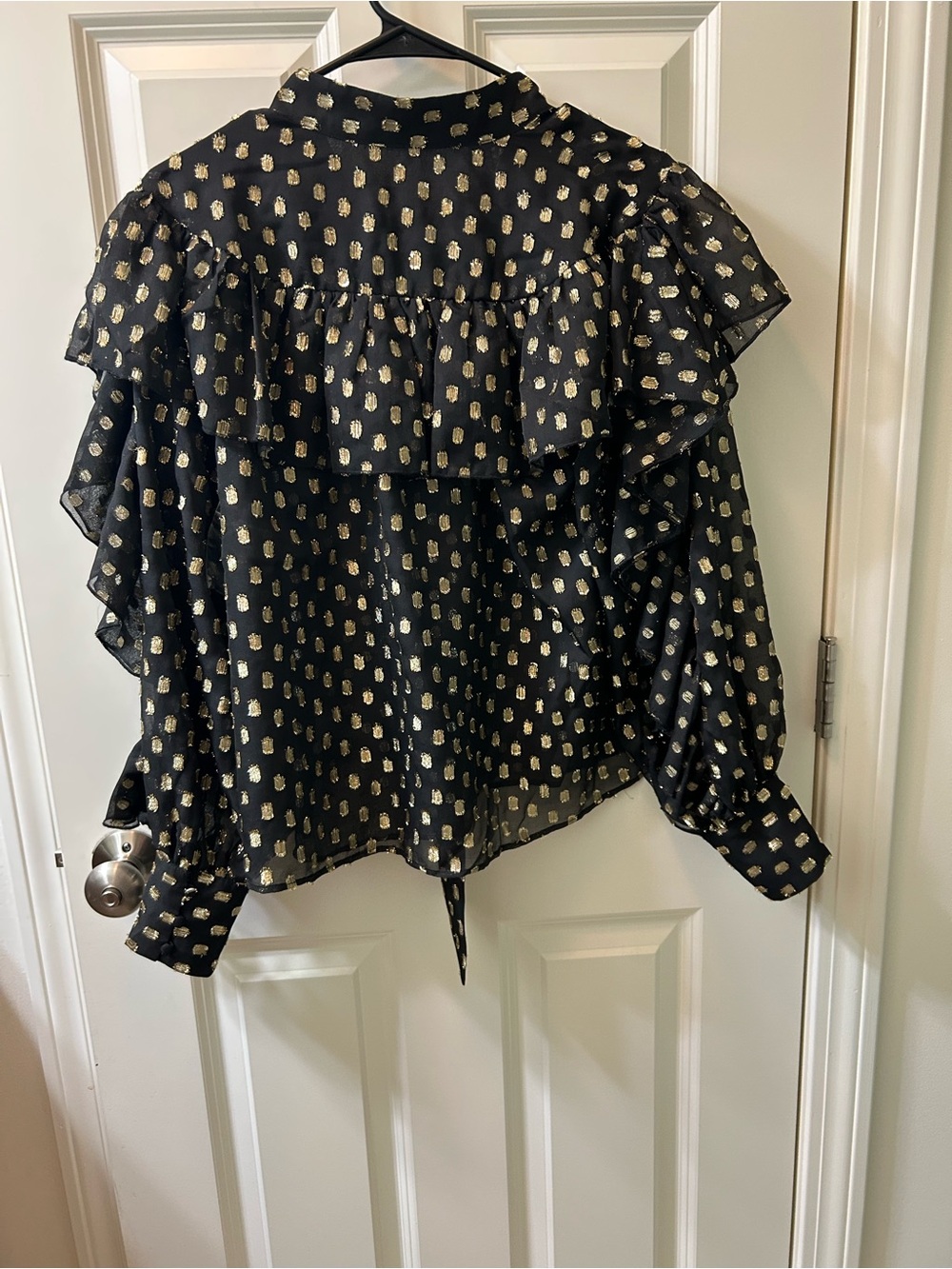 Black Tie-Neck Blouse with Gold Dot Print - Picture 6 of 7